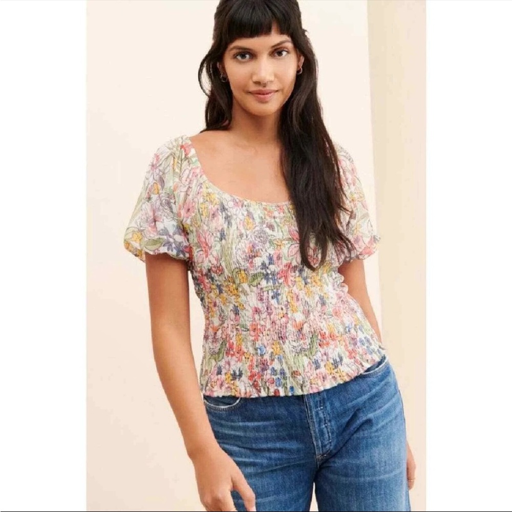 Anthropologie Floral Smocked Blouse - Multicolor